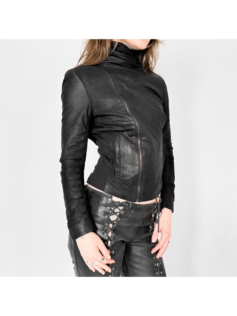Vintage Asymmetric Avant Garde Cowl Neck Leather Moto Jacket